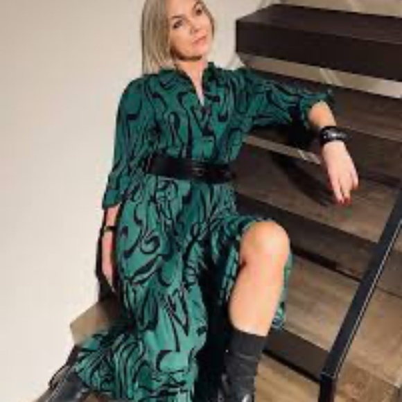 Zara Swirl Print Green Black Long Sleeve Button Up Maxi Dress Blogger's Fav M - Picture 9 of 16